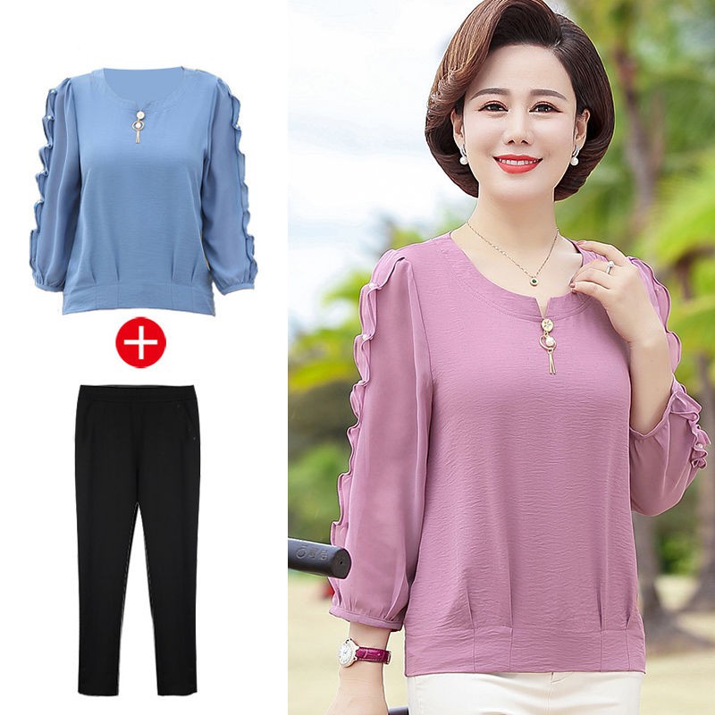 Áo phông hai dây mùa xuân của phụ nữ trung niên và cao tuổi 40 50 kiểu tây mẹ hè sơ mi cơ bản