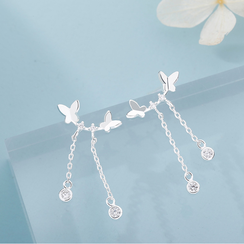 Bông tai bạc hình bướm tua rua đính pha lê thời trang dành cho nữ