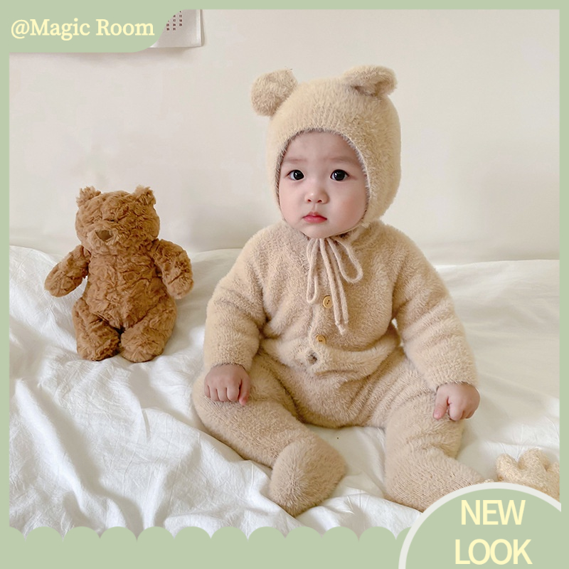 Babyfair. Bộ đồ liền thân hình gấu cho trẻ sơ sinh mềm mại dễ thương có mũ trùm đầu mùa thu  ngoài trời