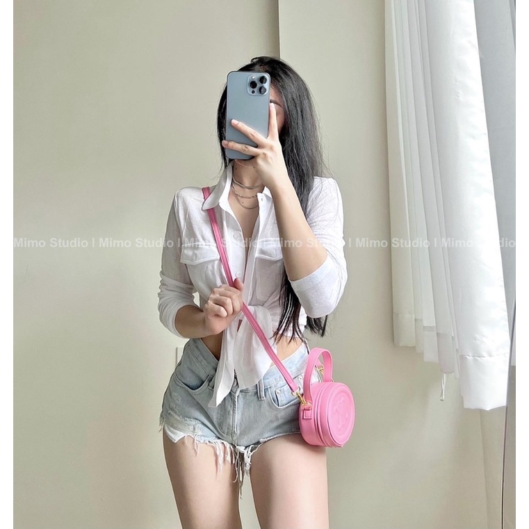 Thun dài tay cổ sơ mi phối túi- Quần short  rách lưng thấp