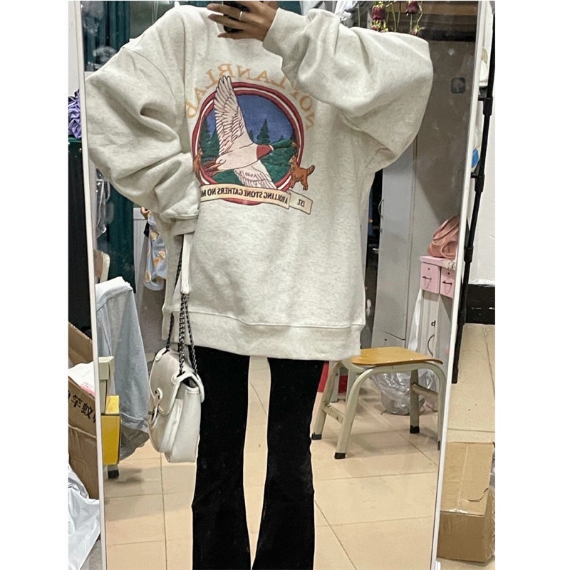 Áo sweater nỉ bông chi tiết in phong cách mùa đông hàn