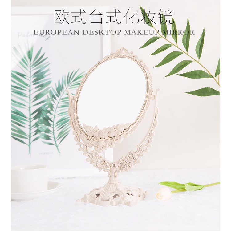Gương để bàn trang điểm 2 mặt Gu Decor Wooden, Gương xoay 360 độ phong cách tân cổ điển