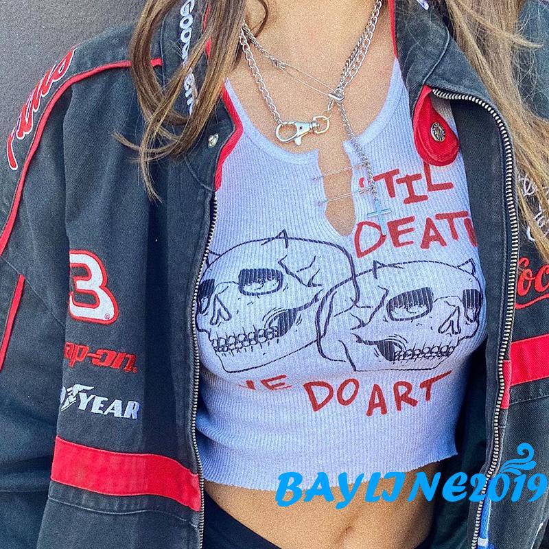 Áo croptop sát nách cổ chữ v in hình đầu lâu cá tính cho nữ