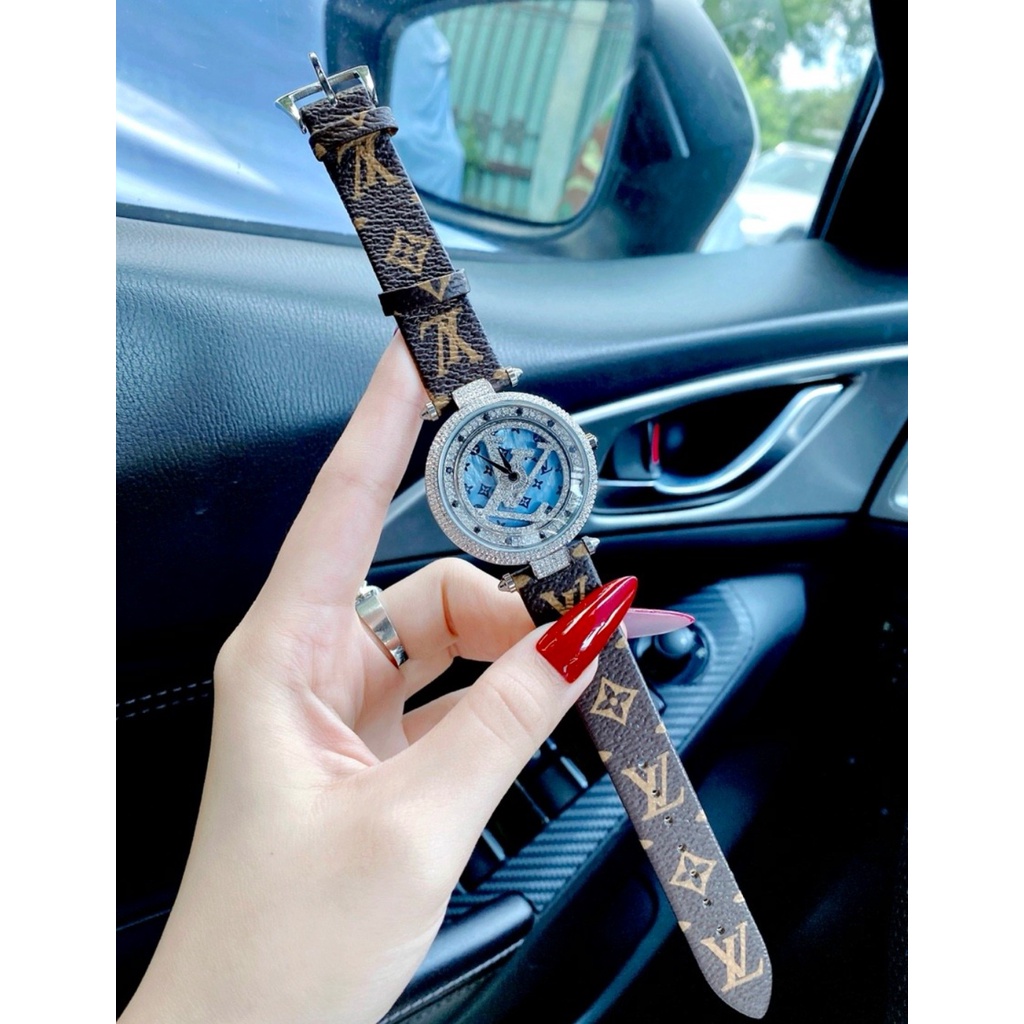 Đồng hồ nữ LV chính hãng, đồng hồ đeo tay nữ LV mặt xoay full box cao cấp, mặt đính kim cương nhân tạo, siêu sang cho nữ