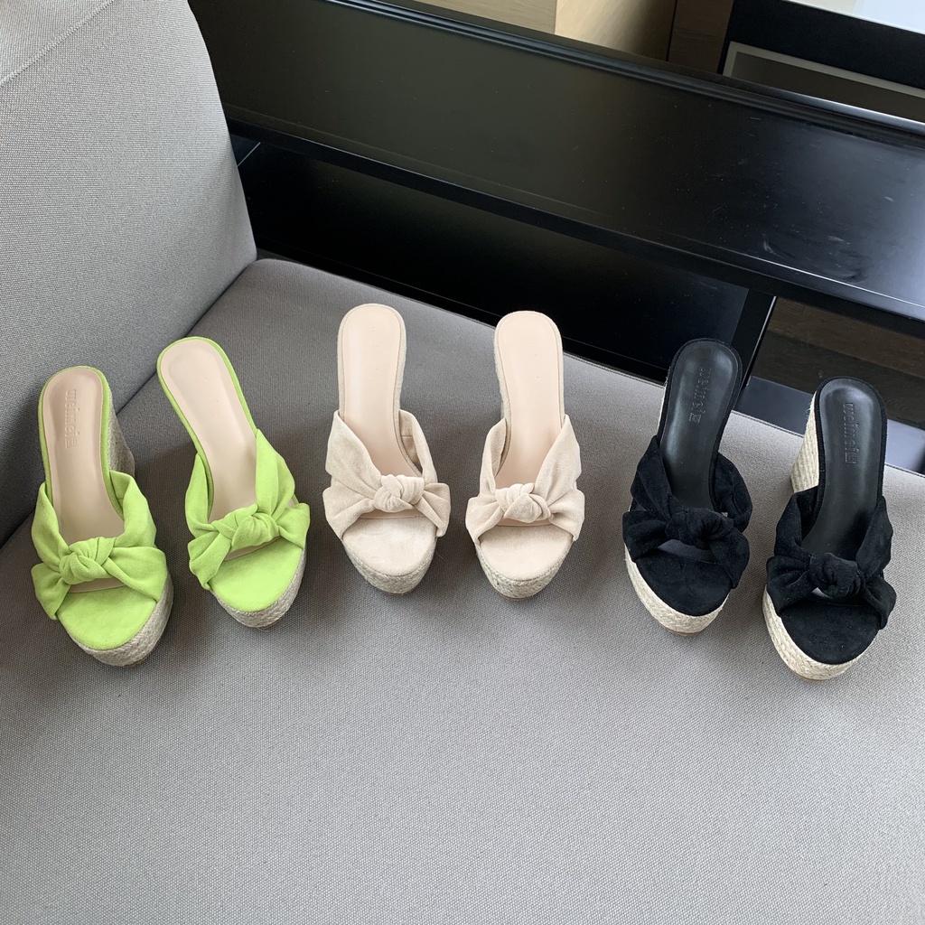 Dép Sandal Đế Xuồng Quai Bện Rơm Phối Da Lộn Thắt Nơ Phong Cách Âu Mỹ Mùa Hè Cho Nữ