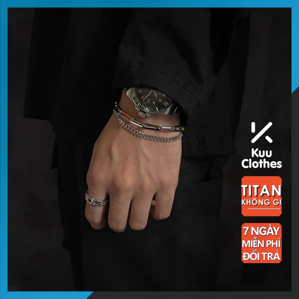 Vòng Tay Nam Dây Xích Hiphop Kamenra Kuu Clothes 2 Lớp Kèm Nhẫn Màu Bạc Đẹp Ngầu Cao Cấp - Lắc Tay Nam Titan Không Gỉ -