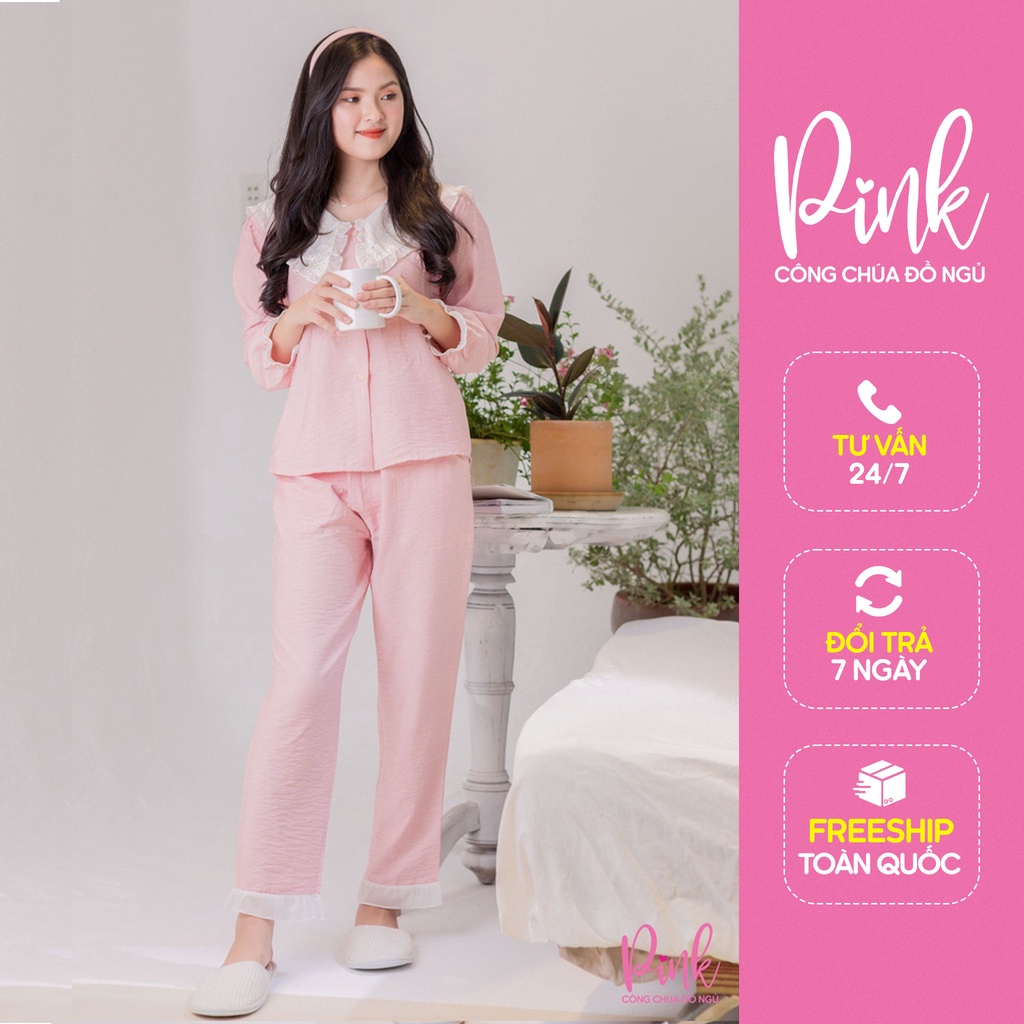 Bộ Ngủ Pijama Hồng Tay Dài Quần Dài Trẻ Trung Vải Đũi Siêu Cấp  Đồ Ngủ Nữ Dễ Thương Nữ Tính Thời Trang