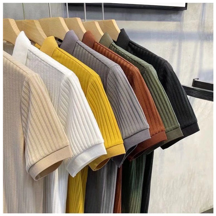 Hàng Có Sẵn-Áo Thun Polo Dệt Kim Lụa Tay Ngắn Kẻ Sọc Không Đường May Mùa Hè Mới Cho Nam