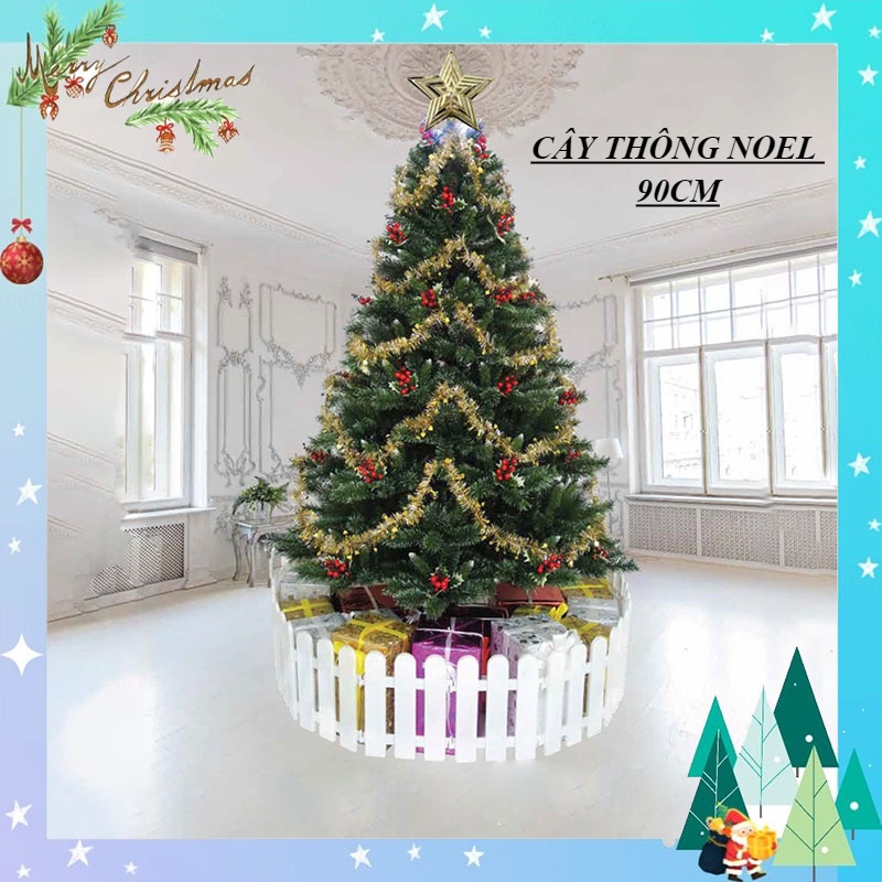 Cây thông noel 3 loại lá 90cm, cây thông noel gắn trái đỏ tán lá dày trang trí giáng sinh trong nhà ngoài trời