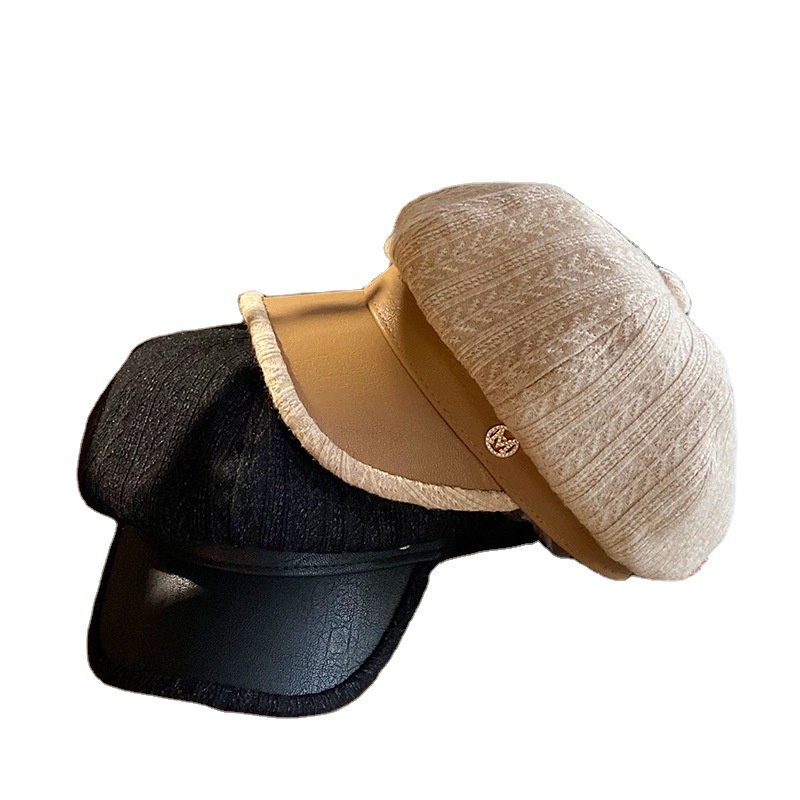 Mũ beret nữ thời trang vành da PU phối cotton 3 màu