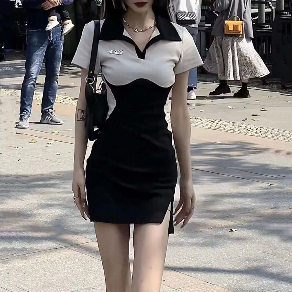 A small number of hot girls polo collar black and white color spliced dress tight temperament pure French Hepburn style short skirt women