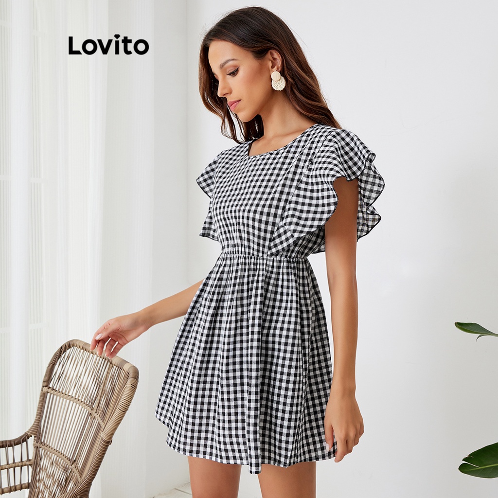 Lovito Boho Tay áo bướm kẻ sọc Váy L24LD101 (Đen trắng)