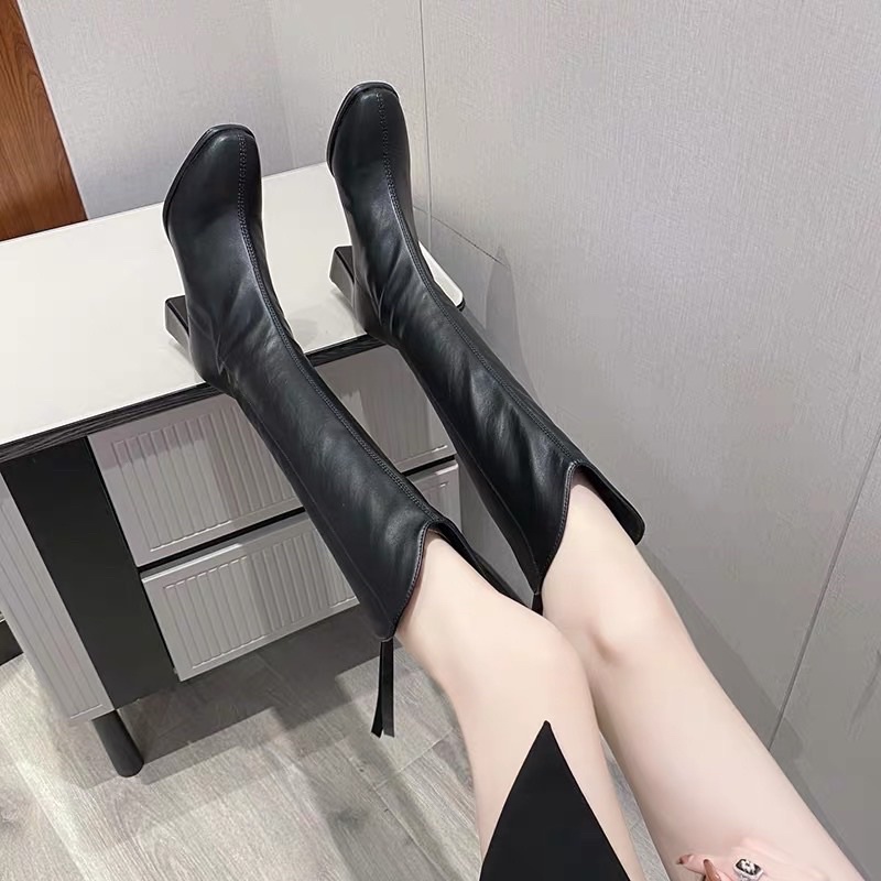 bốt gối (boot đùi) cổ V mũi nhọn khoá dây da gót 7p da lì xịn (FULL HỘP hàng QC) mã 295