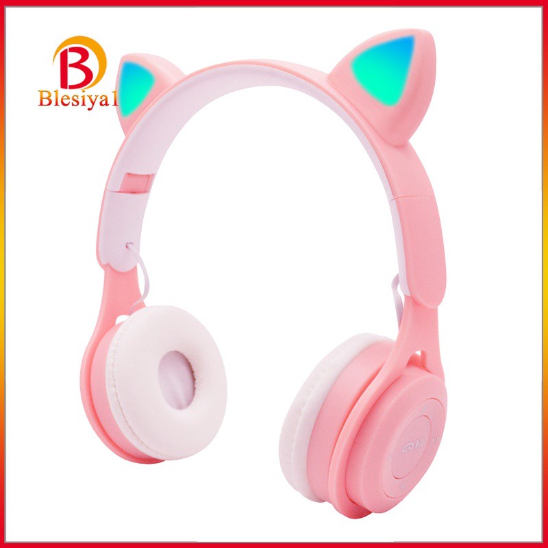 [BLESIYA1] Cat Ear LED Light Up Wireless Foldable Headphones Over Ear with Mic Pink