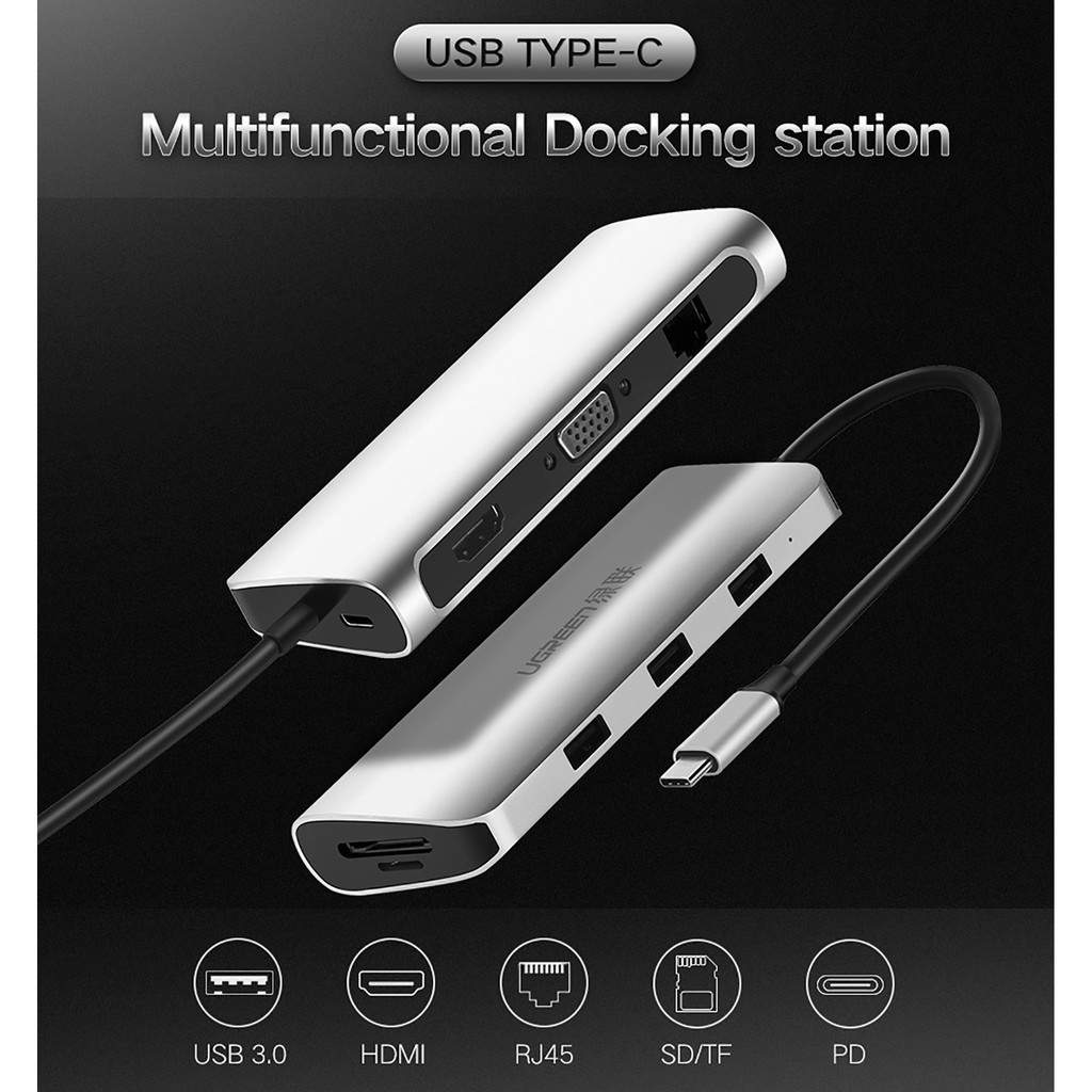 Bộ Chuyển USB Type-C ra HDMI + VGA + Lan + USB 3.0 + Card TF/SD + PD Charging Cao Cấp UGREEN 40873