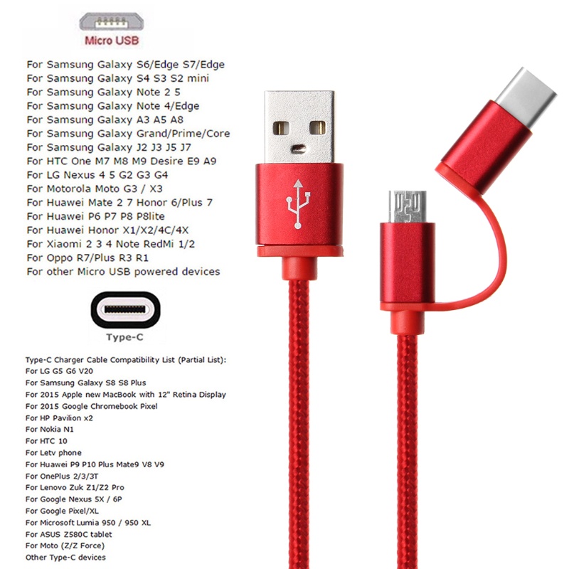 Dây cáp sạc nhanh 2 trong 1 USB 2.0 đầu cắm sang USB 3.1 Type C Micro USB chất lượng cao