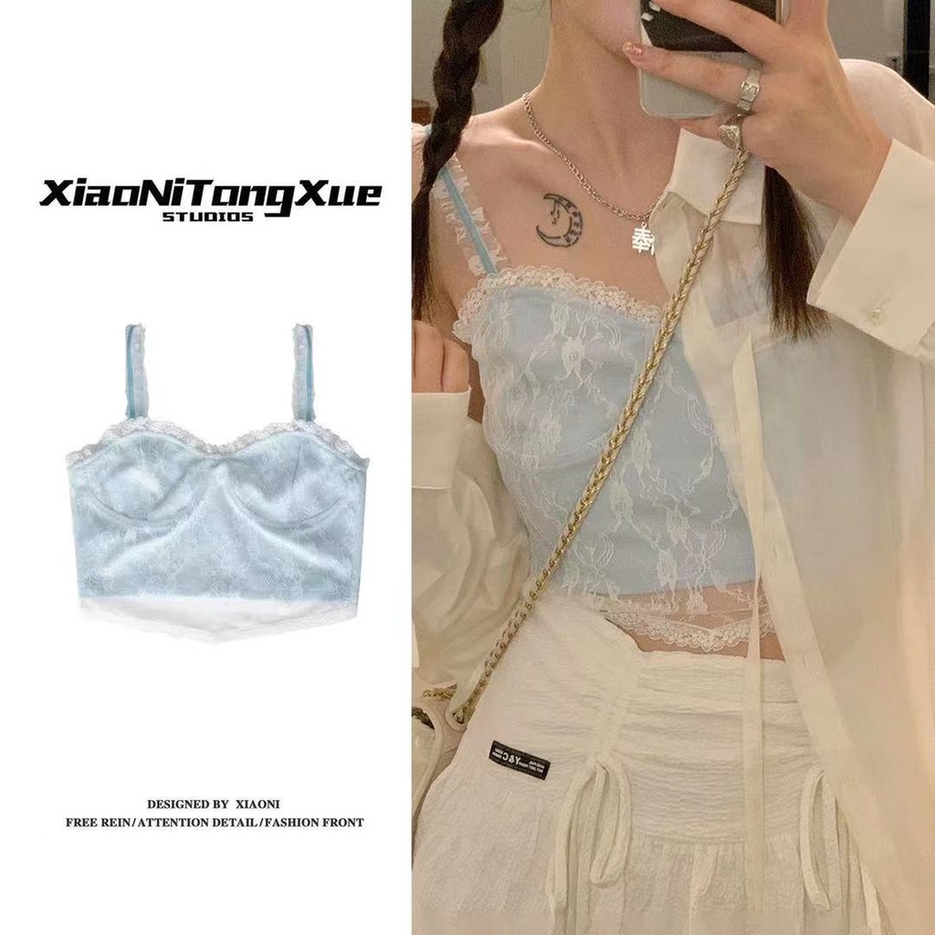 💙 Ren vest💙Áo Croptop Hai Dây Phối Ren Màu Xanh Dương Dễ Thương Phong Cách Nhật Bản Thời Trang Mùa Hè Cho Nữ