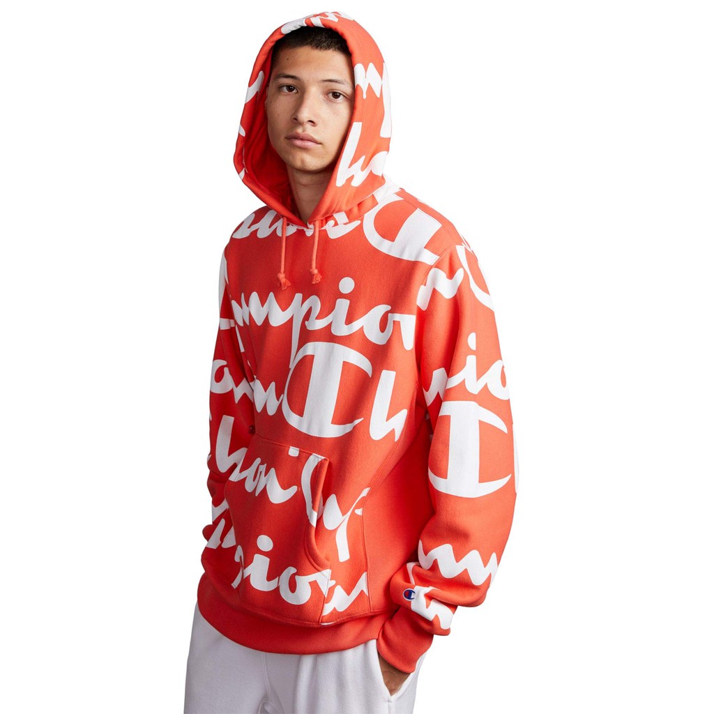Áo hoodie nỉ Champion Reverse Weave Allover Print Large Script màu cam papaya có sẵn S2974   122018