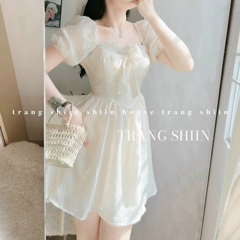 Đầm xốp VIỀN NGỌC NƠ NGỰC NUDE TAY PHỒNG