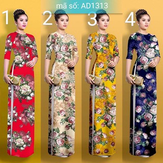 có 11 màu AD1313 Có bigsize 4XL Set Áo Dài TRUYỀN THỐNG cổ tròn in hoa lớn kèm quần ống rộng