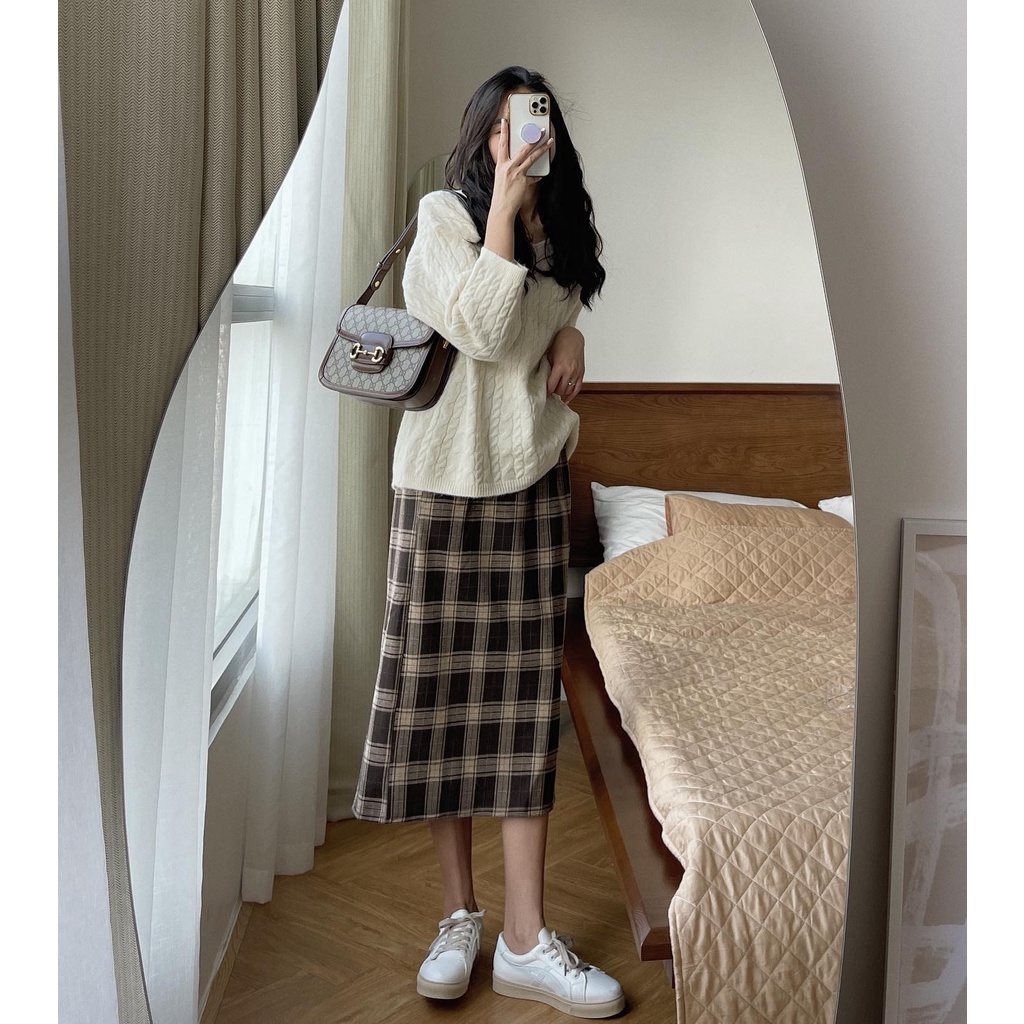 Chân váy dạ kẻ cạp chun freesize 810