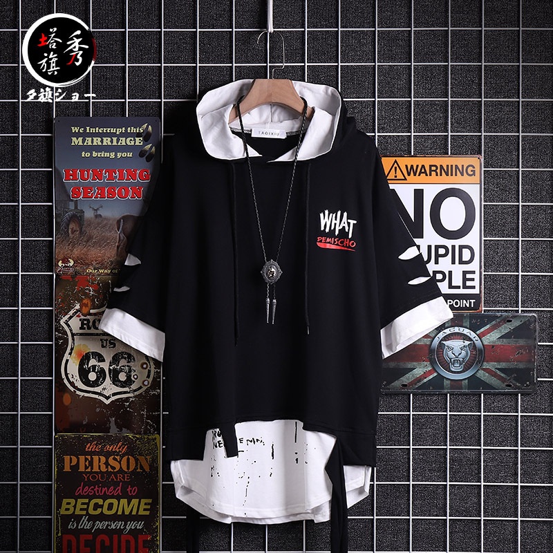 Áo thun có nón tay lỡ phong cách Nhật Bản thời trang nam phong cách hiphop