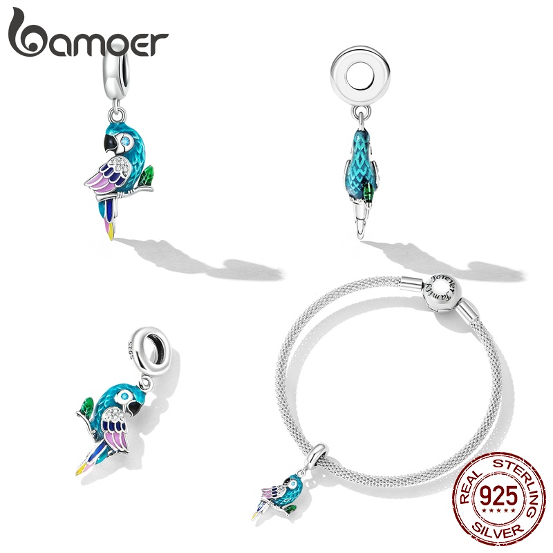 Mặt dây chuyền BAMOER bằng bạc 925 hình chú vẹt nhiều màu sắc độc đáo