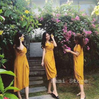 Đầm thun xoắn eo cổ V tay con siêu đẹp