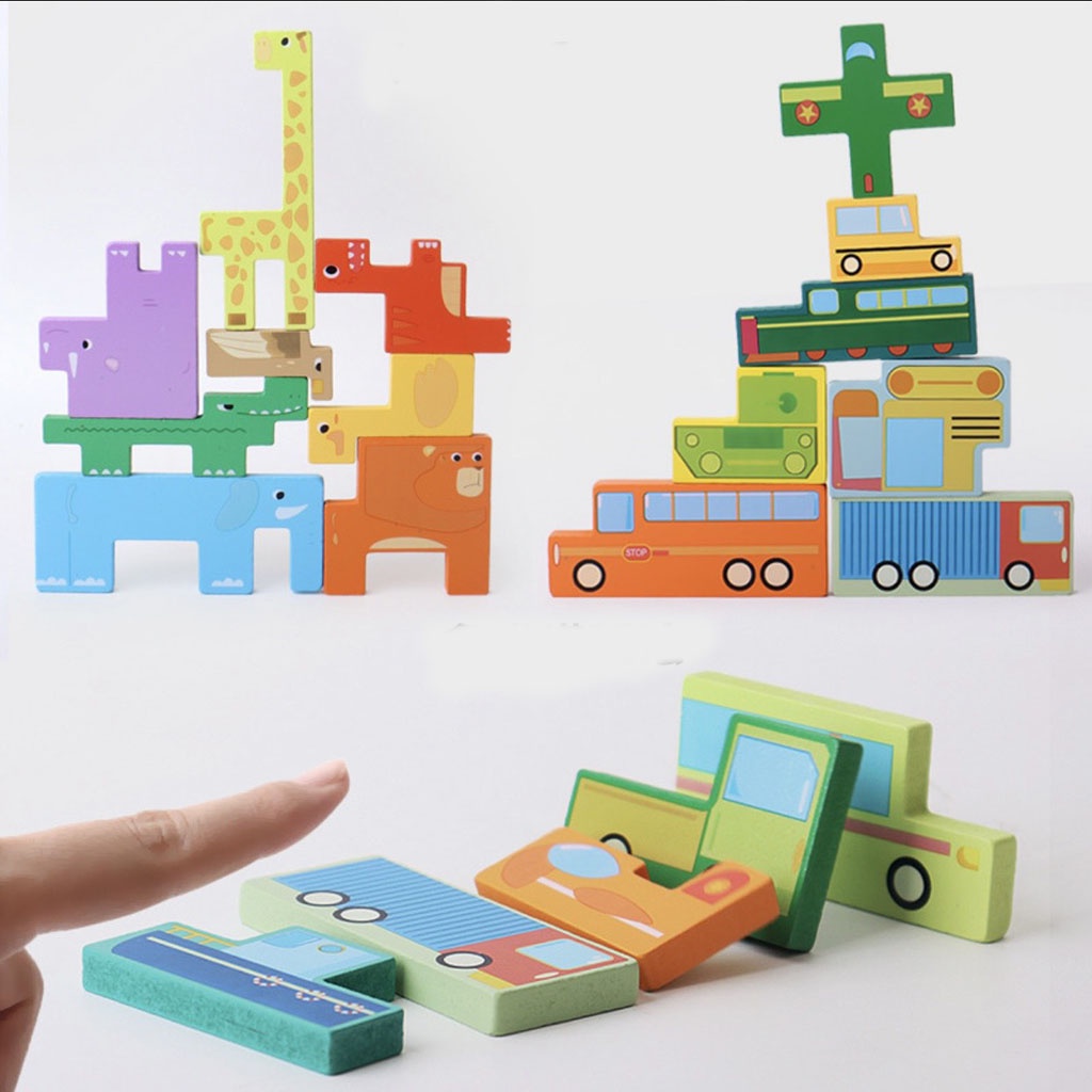 Đồ chơi xếp hình tư duy gỗ 3D, xếp hình montessori ghép khối giao thông và động vật cho bé_ SP14