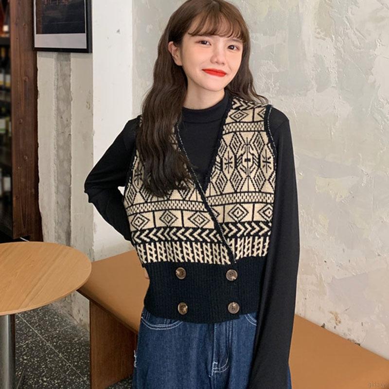 Áo Khoác Len Cardigan Không Tay Dáng Rộng Phong Cách Cổ Điển Hàn Quốc