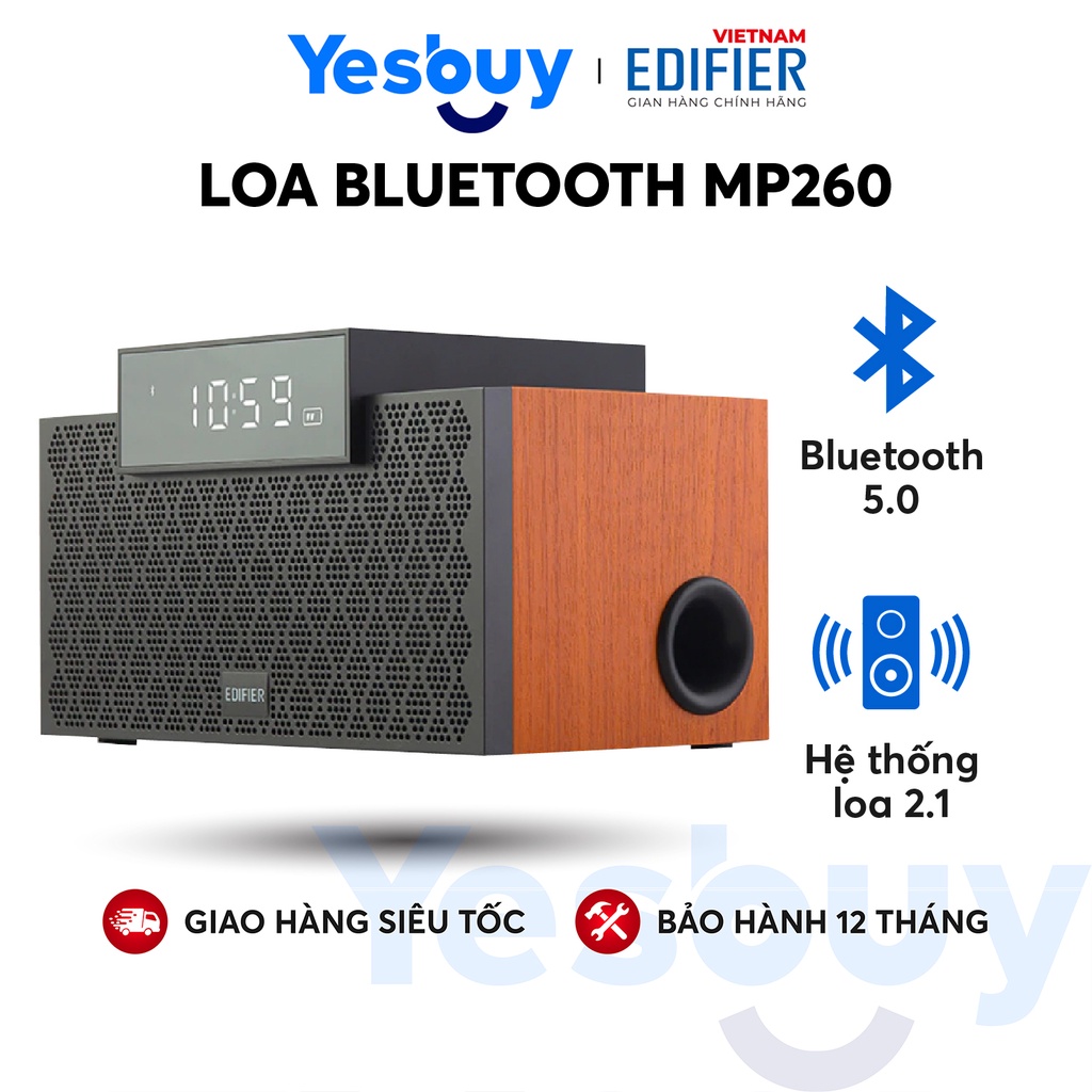 Loa Bluetooth EDIFIER MP260 Kèm đồng hồ báo thức Màn hình đèn LED - Công suất lớn - Vỏ gỗ cao cấp chống dội âm