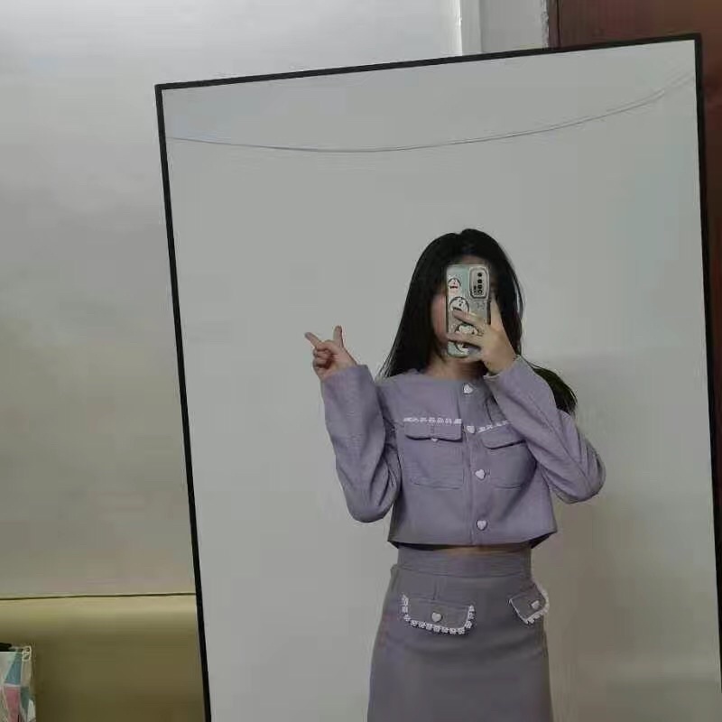 Set áo khoác và chân váy ngắn chữ A tweed tím nhạt tiểu thư