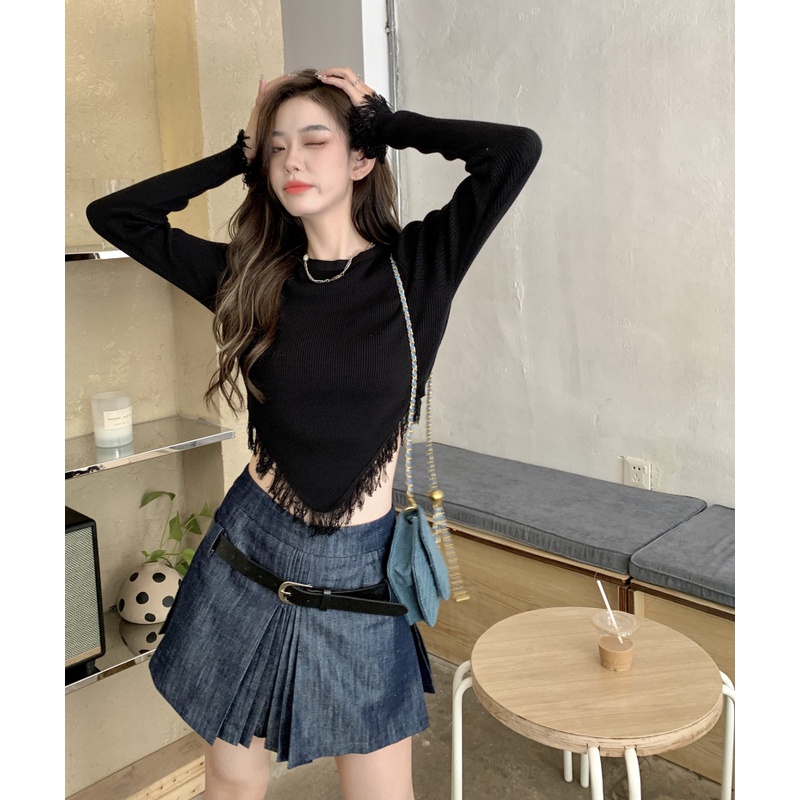 Porozi  Áo sweater dệt kim  tay dài màu đen phong cách Hàn Quốc thời trang cho nữ