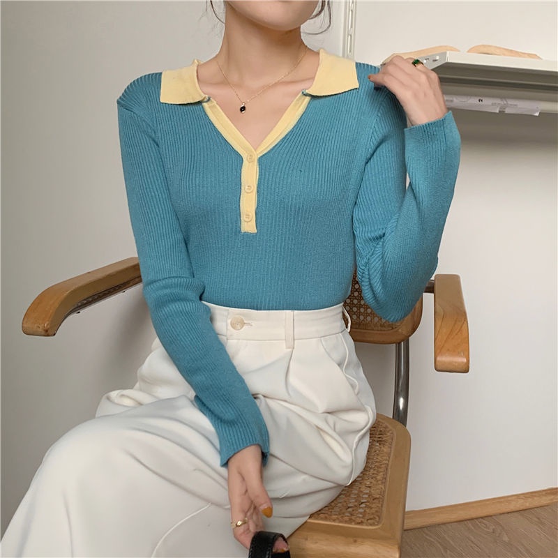 Áo Thun Dệt Kim Cổ POLO Tay Dài Màu Sắc Tương Phản Thời Trang Dành Cho Nữ