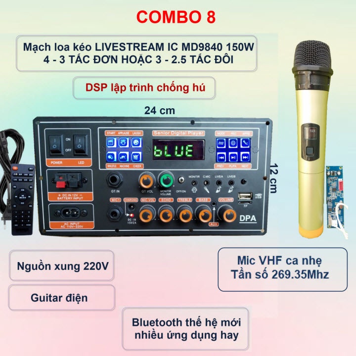 Mạch loa kéo LIVESTREAM DSP lập trình chống hú IC MD9840 150W có nguồn xung Kèm Mic