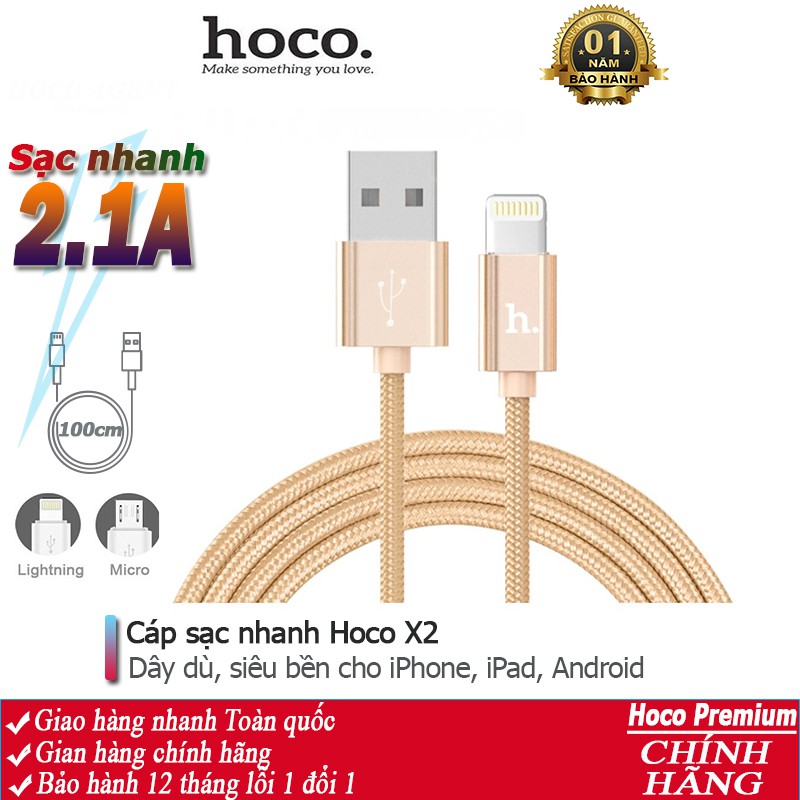 Cáp sạc nhanh Hoco X2 dây dù 2.1A full iPhone, Android, iPad dây dài 1m - Chính hãng