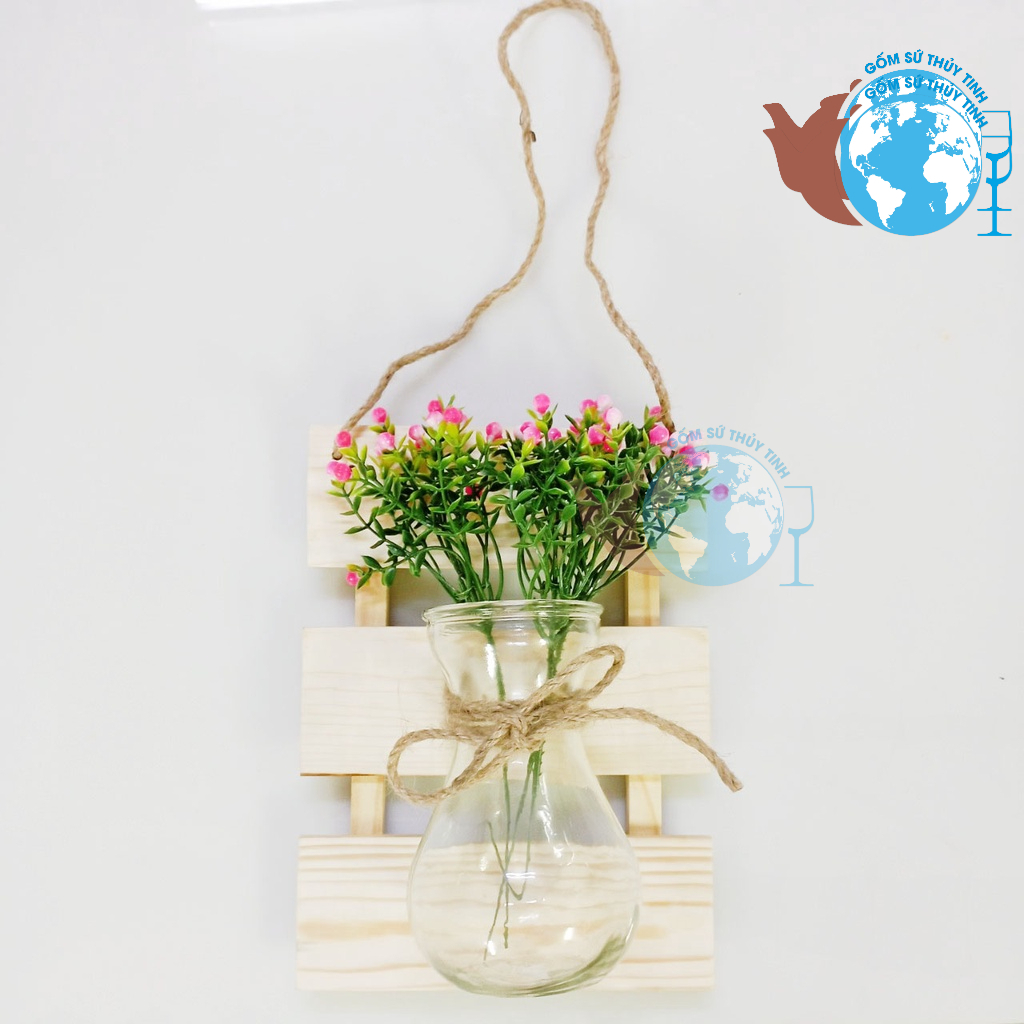 Khung gỗ treo tường kèm lọ cắm hoa thủy tinh miệng loe cực xinh / lọ hoa treo tường trang trí - G02
