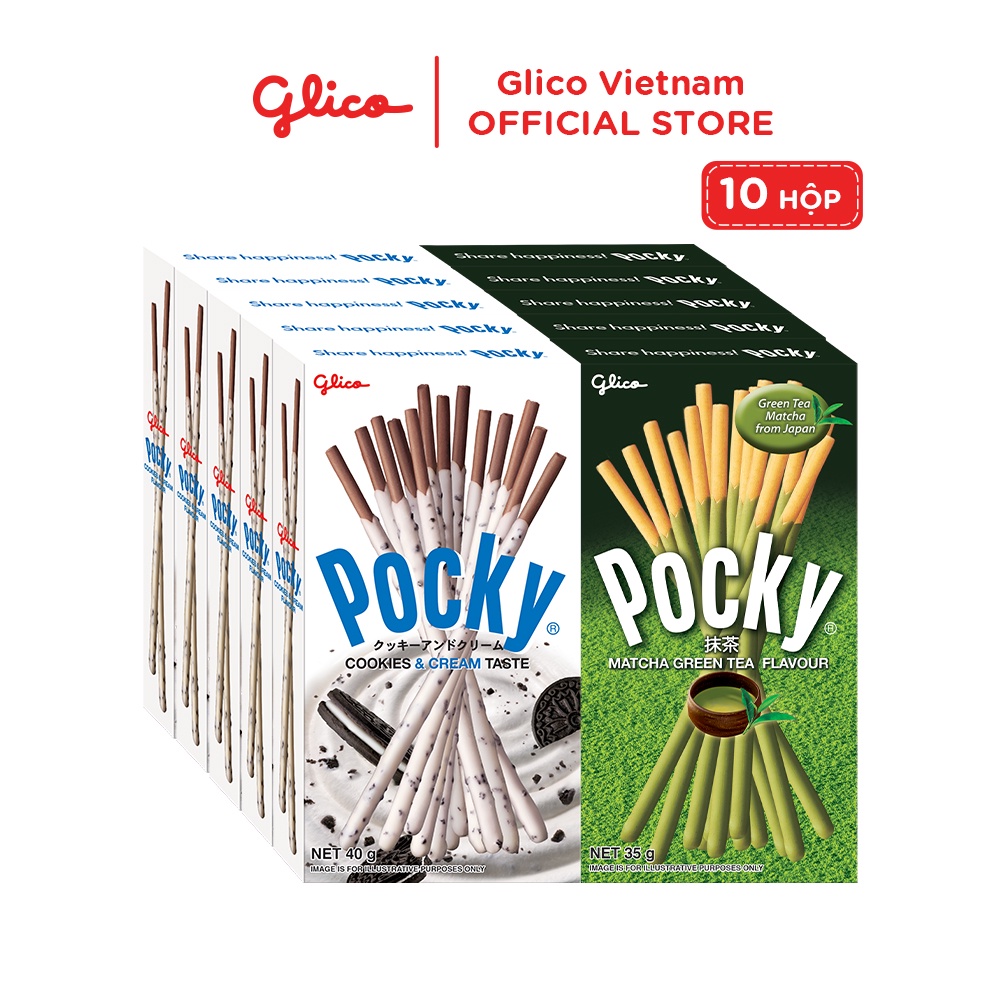 Bánh snack que phủ kem Glico Pocky Happy Set I combo 10 hộp (5 cookies cream 5 matcha)