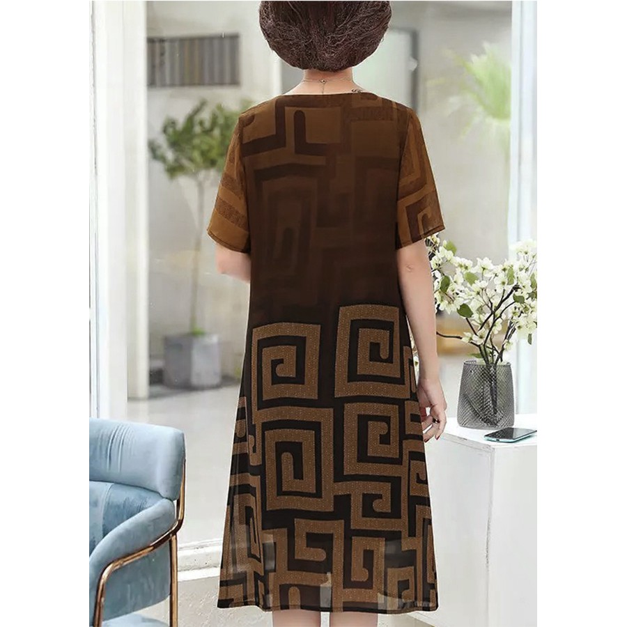 GOTI - Đầm Trung Niên Nữ Cao Cấp Dáng Suông Rộng Chữ A Dài Qua Gối Tay Ngắn Voan 2 Lớp Cho Me U50 U60 GOTI 3280