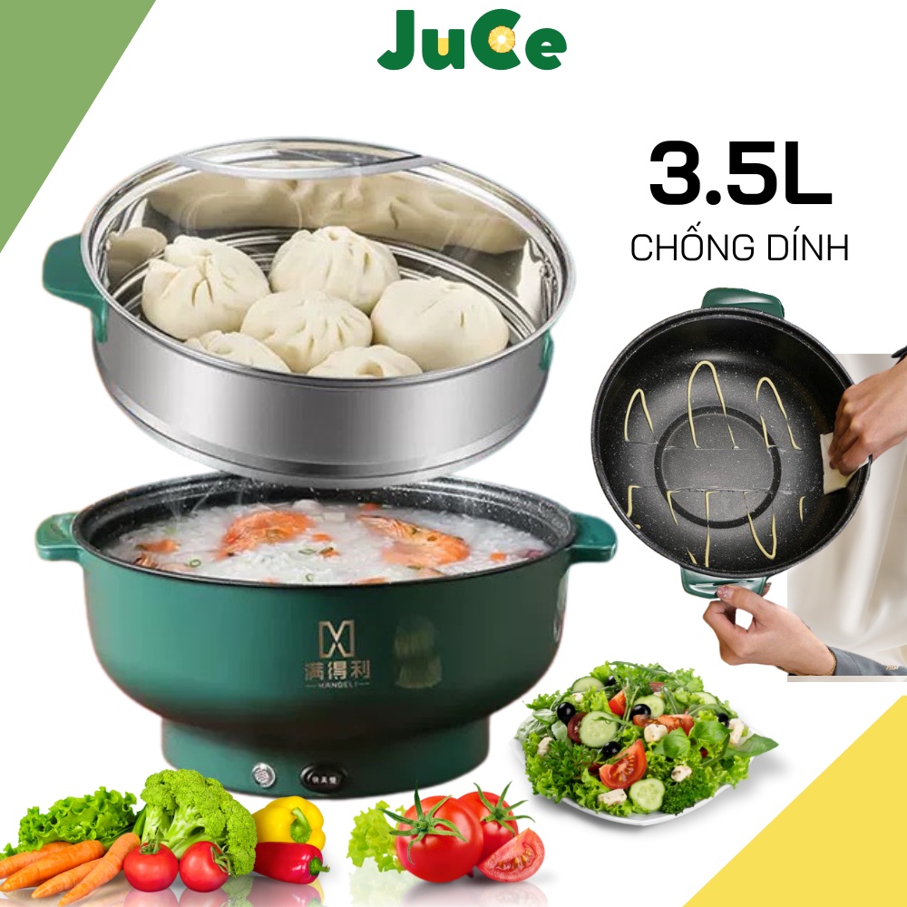 Nồi lẩu điện, nồi nấu, xào, chiên đa năng dung tích 3.5L kèm giá hấp Inox lòng nồi chống dính siêu tiện lợi