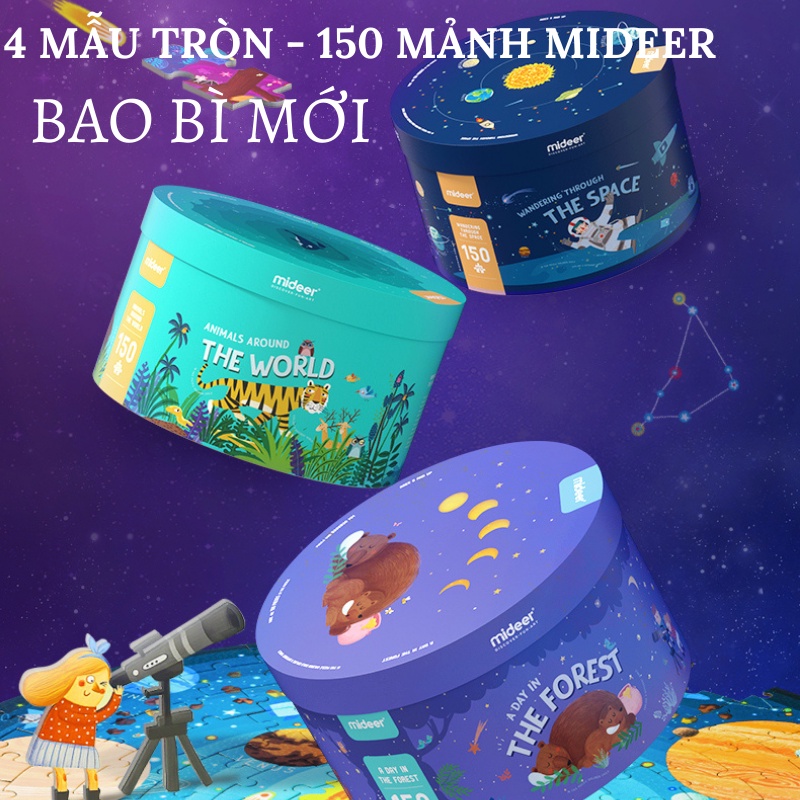 Bộ xếp hình 150 mảnh hộp tròn Mideer 3 chủ đề: wandering through the space- a day in forest - animals around the world
