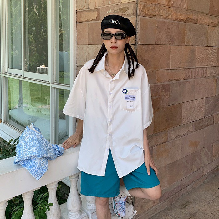 Sơ mi RUBY RUBY  logo tem có túi, chất thô lụa dầy from rộng unisex bazic, nam nữ mặc được