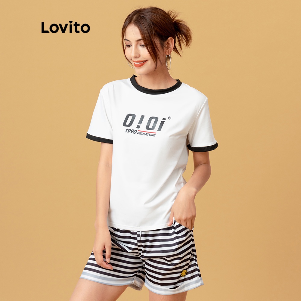 Áo thun Lovito cổ tròn họa tiết in chữ cái thời trang hàng ngày L05107 (màu trắng) | BigBuy360 - bigbuy360.vn