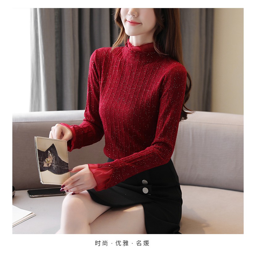 Korean Elegant Stand Collar Office Blouse Women Autumn Long Sleeve Slim Fit Top Black Winered | BigBuy360 - bigbuy360.vn
