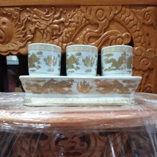 Bộ án nước 3 ly sứ trắng rồng cao 7cm