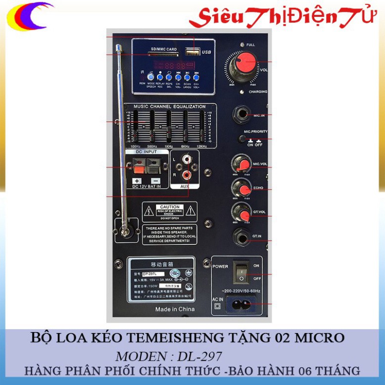 LOA KÉO TEMEISHENG DP-297L loại 3 tấc- LOA KÉO DP-297 KÈM 2 MIC - LOA KÉO KARAOKE CÓ BÌNH ÁC QUY HÁY KARAOKE ĐƯỢC LÂU . 