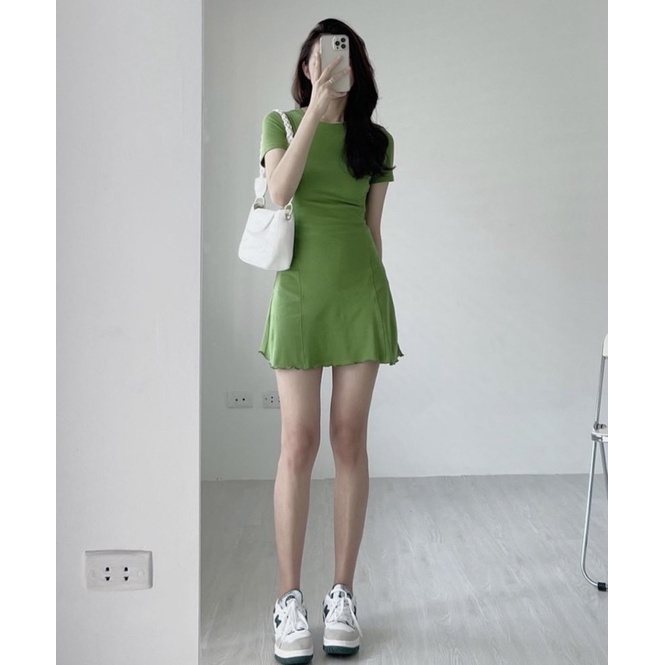 Váy thun trơn body cổ tròn cộc tay co giãn xoè dưới nhẹ nhàng nhiều màu