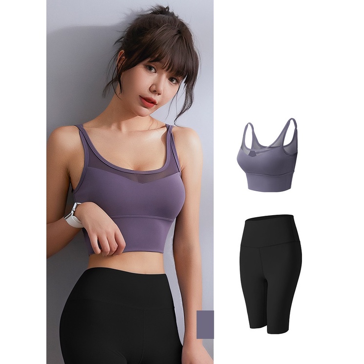 Bộ đồ tập Gym yoga nữ 2 món, set quần áo bra phối lưới có đệm mút quần đùi legging nâng mông