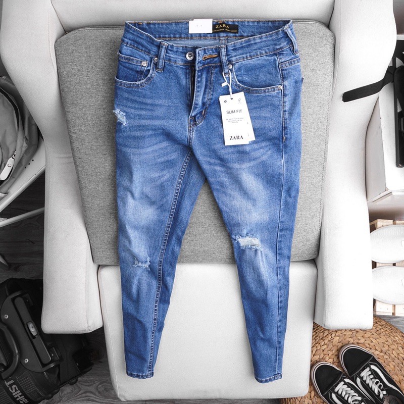 Quần Jean nam ống ôm ZR xanh wax xuất dư - co giãn Hải An Jeans