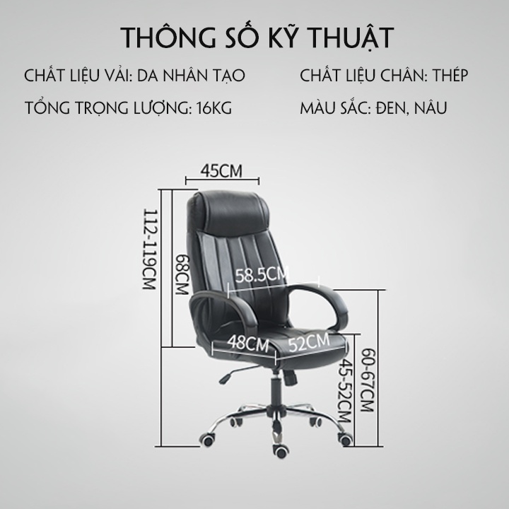 Ghế Giám Đốc Da cao cấp Ghế Xoay 360 độ - chắc chắn bảo hành 1 năm, tựa lưng cao KT : 120 x 60 x 50